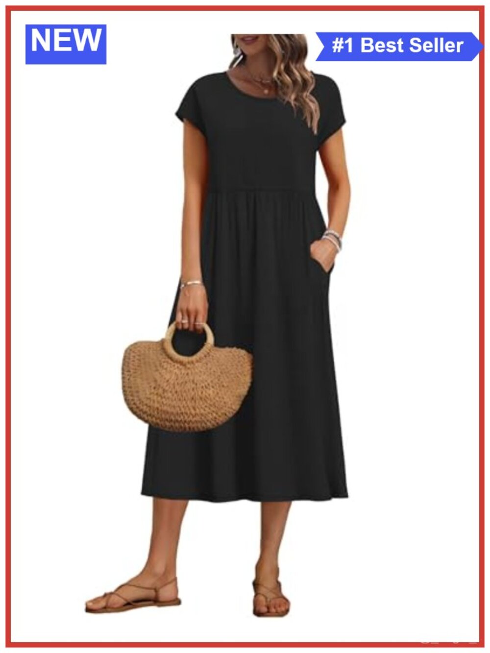 Summer Midi Dress Short Sleeve Loose A-Line with Pockets